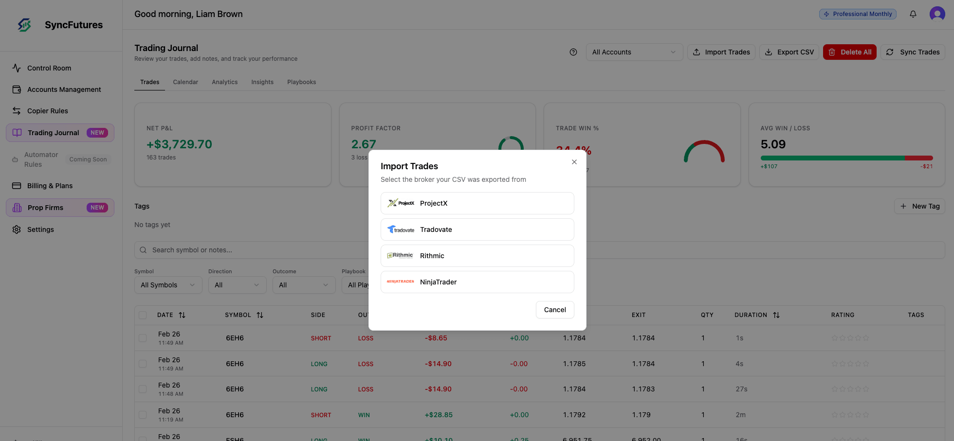 CSV import modal showing broker format selection and trade preview