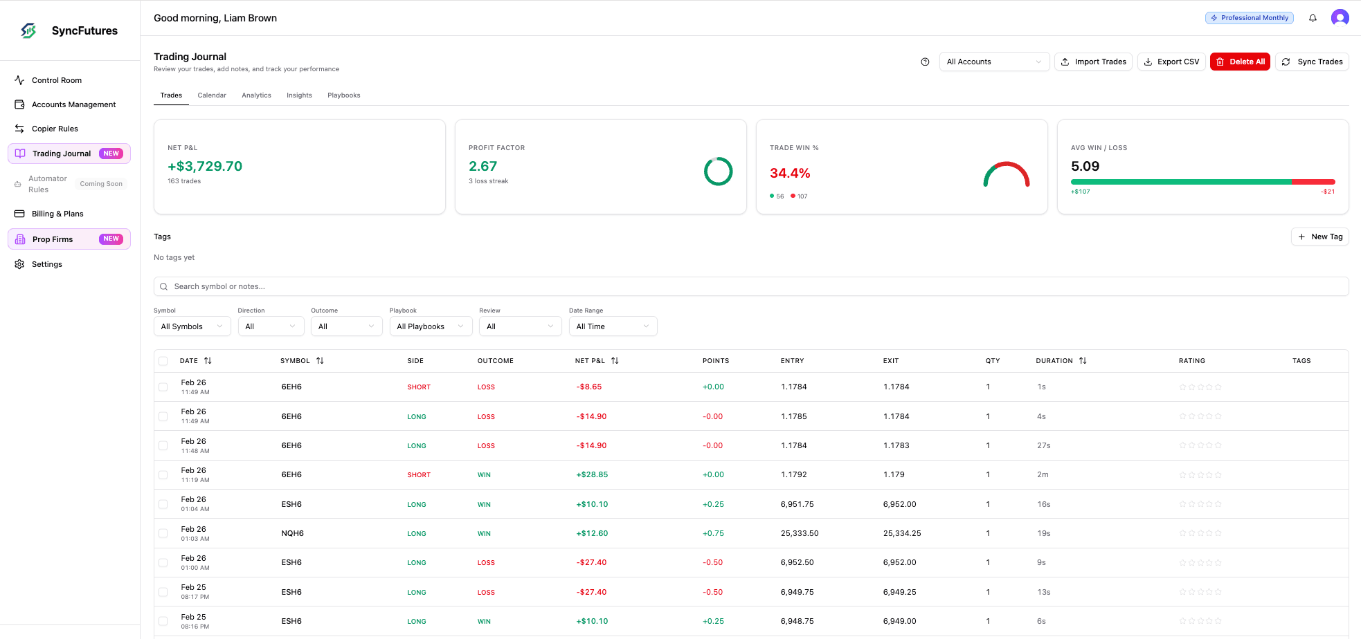Journal trades table with filters for symbol, direction, outcome, playbook, tags, and date range