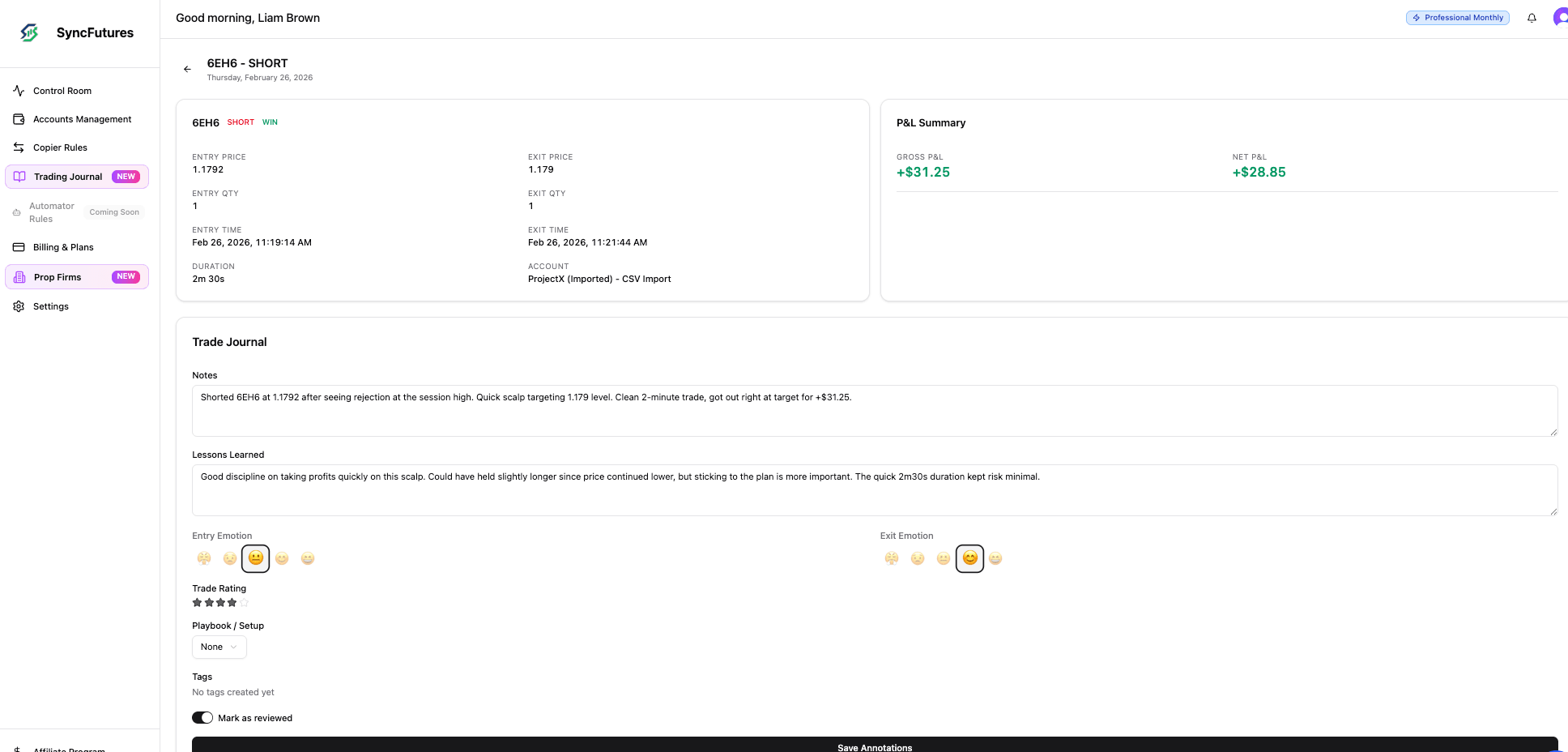 Trade annotation view showing notes, lessons learned, emotions, rating, playbook, and tags